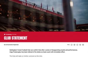 森林俱乐部以简短公告宣布澳波下课，全文仅39词，未包含感谢与祝福内容。